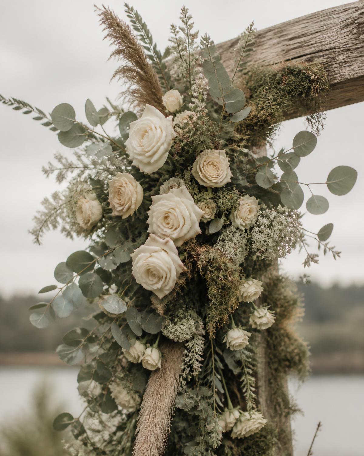 Ceremony arch corner spray of cream roses, eucalyptus and moss on weathered wood