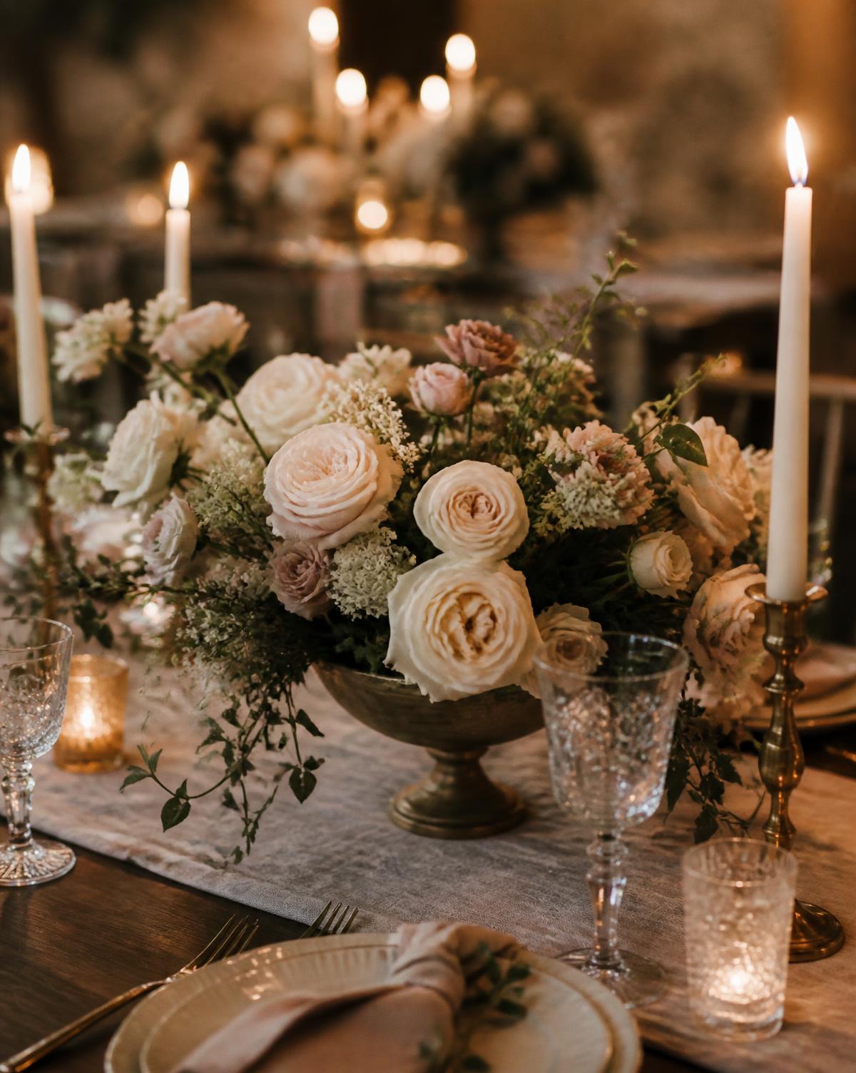 Candlelit reception centerpiece of ivory and blush blooms in a footed compote